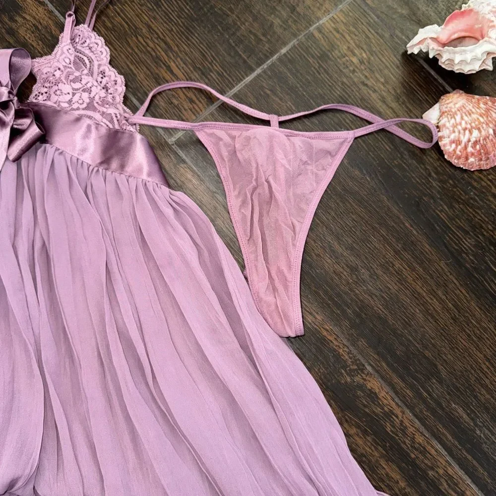 Victoria’s Secret Lavender Lace Babydoll Nightie Set– Size M